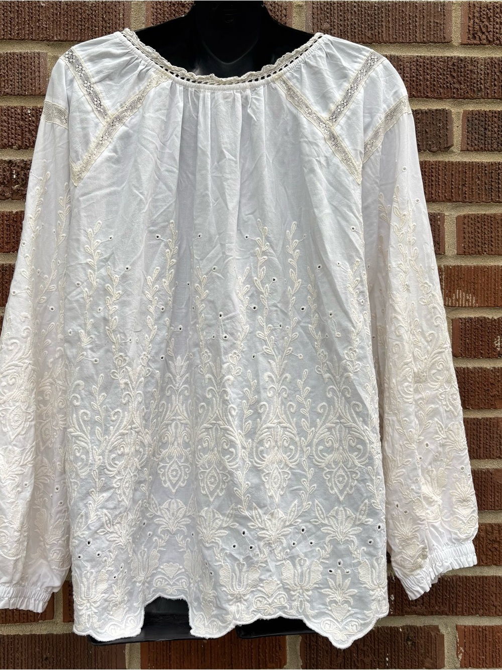 Cactus & Pearl Sz XL Embroidered White Cotton Peasant Boho Romantic Tunic top - Picture 7 of 11